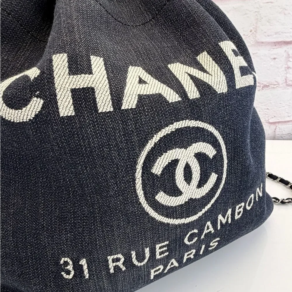 Chanel Deauville Large Navy Denim Canvas Drawstring Backpack